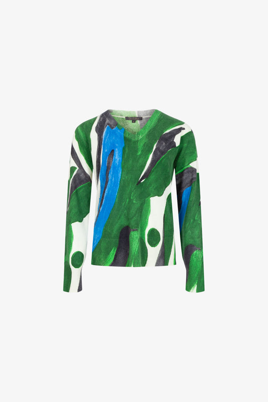 Green Printed V-Neck Cashmere Sweater