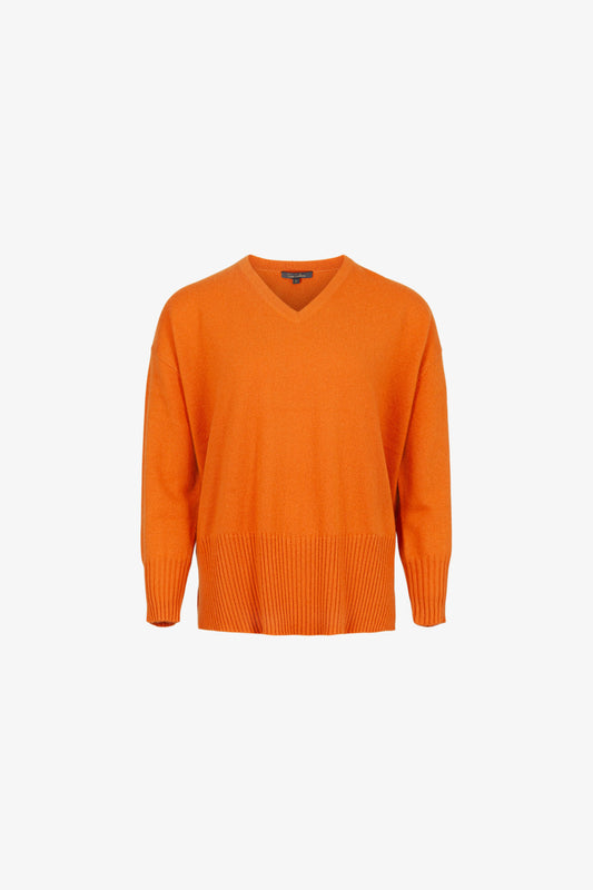 Orangefarbener Kaschmirpullover mit V-Ausschnitt und Schlitzen